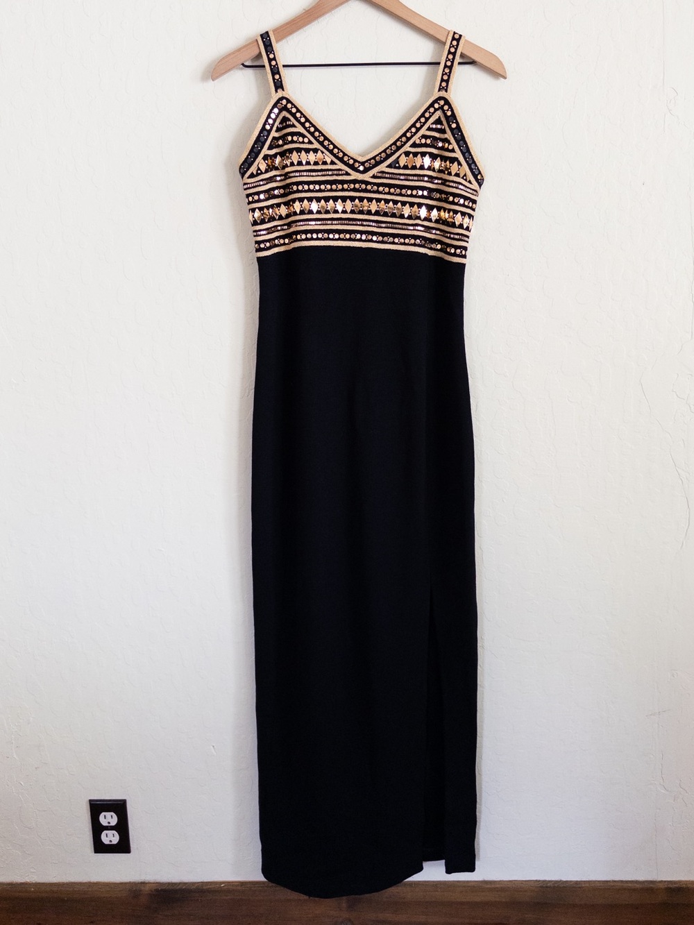 St John Evening Black Gold Beaded Studded Santana Knit Front Slit Maxi Dress 8
